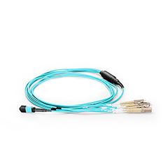 5M MPO-4LC Duplex OM3 50/125 Multimode Fiber Optic Harness Fan-out/Breakout Cable, 8 Fiber, Type B, Female, LSZH-Aqua